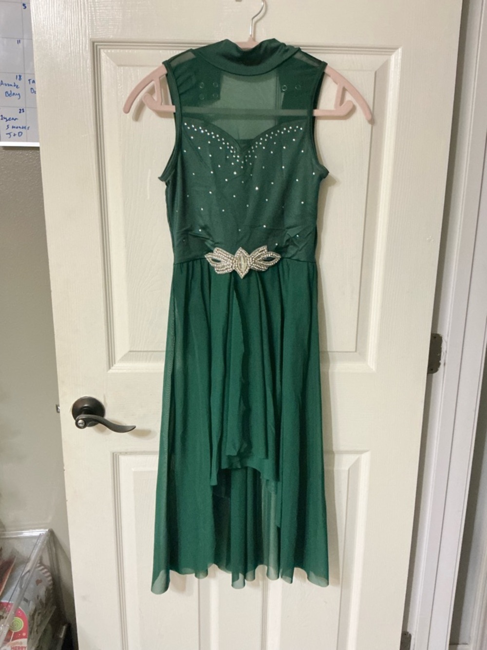 Weissman Emerald Green Chiffon High-Low Dress with Jeweled Waist